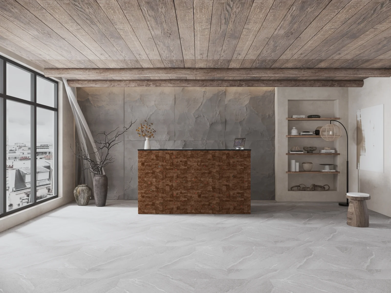 Lada recepcyjna z drewnem